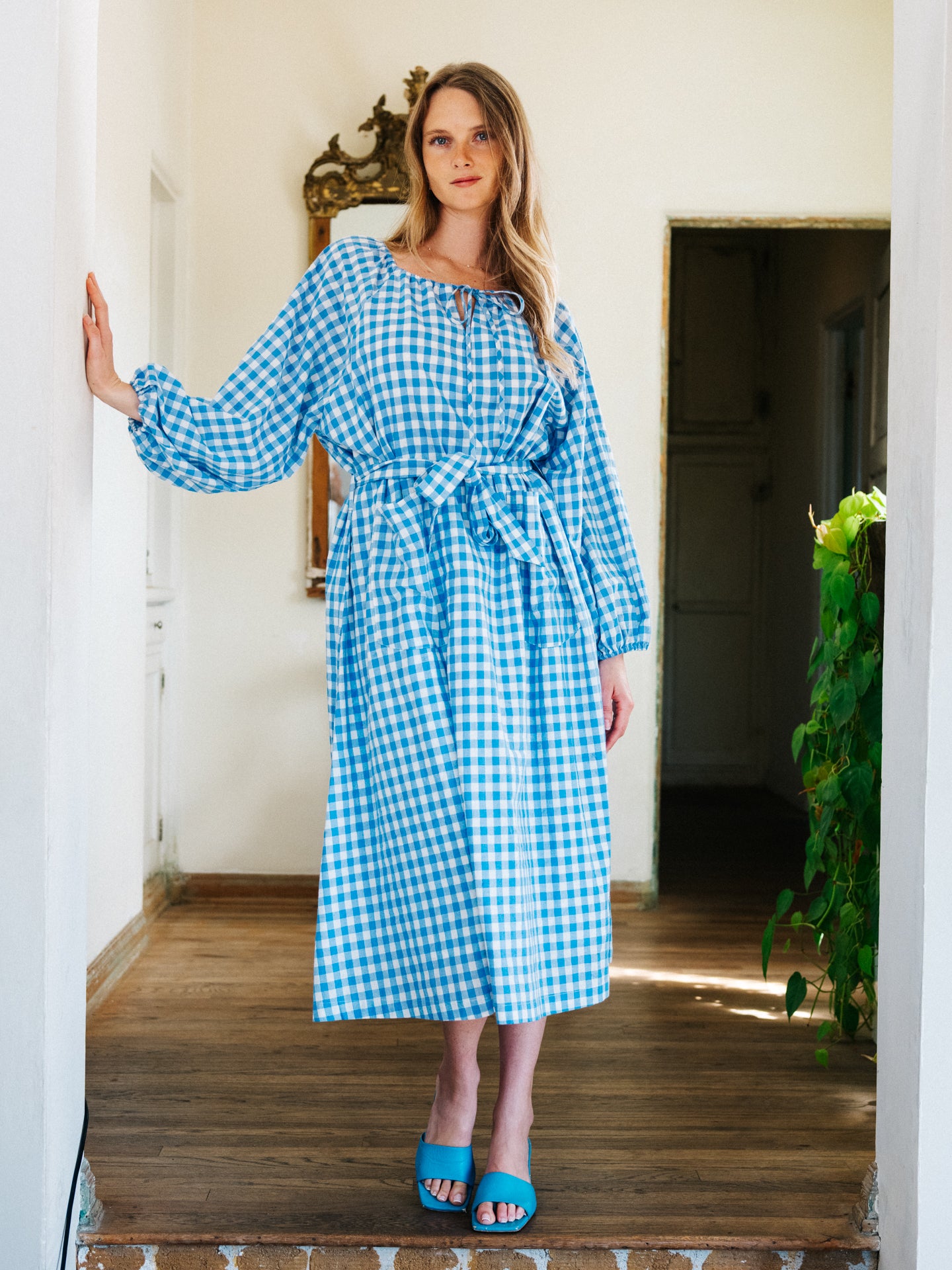 Therese Housedress Picnic Blue Gingham Sample - S/M