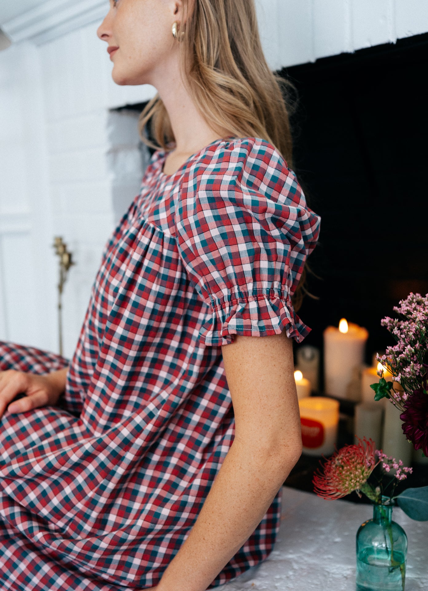 Rosalie Housedress Puff Sleeve Fig Gingham